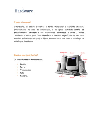 Hardware
O que é o hardware?
O hardware, no âmbito eletrónico o termo "hardware" é bastante utilizado,
principalmente na área de computação, e se aplica à unidade central de
processamento, à memória e aos dispositivos de entrada e saída. O termo
"hardware" é usado para fazer referência a detalhes específicos de uma dada
máquina, incluindo-se seu projeto lógico pormenorizado bem como a tecnologia de
embalagem da máquina.

Quais os seus constituintes?
Os constituintes do hardware são:


Monitor;



Torre;



Processador;



Rato;



Memória.

 