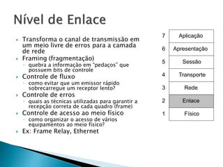  Transforma o canal de transmissão em
um meio livre de erros para a camada
de rede
 Framing (fragmentação)
◦ quebra a informação em “pedaços” que
possuem bits de controle
 Controle de fluxo
◦ como evitar que um emissor rápido
sobrecarregue um receptor lento?
 Controle de erros
◦ quais as técnicas utilizadas para garantir a
recepção correta de cada quadro (frame)
 Controle de acesso ao meio físico
◦ como organizar o acesso de vários
equipamentos ao meio físico?
 Ex: Frame Relay, Ethernet
Enlace
Rede
Transporte
Sessão
Apresentação
Aplicação7
6
5
4
3
2
1 Físico
 