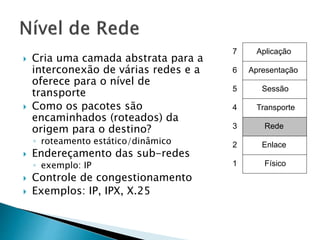  Cria uma camada abstrata para a
interconexão de várias redes e a
oferece para o nível de
transporte
 Como os pacotes são
encaminhados (roteados) da
origem para o destino?
◦ roteamento estático/dinâmico
 Endereçamento das sub-redes
◦ exemplo: IP
 Controle de congestionamento
 Exemplos: IP, IPX, X.25
Enlace
Rede
Transporte
Sessão
Apresentação
Aplicação7
6
5
4
3
2
1 Físico
 