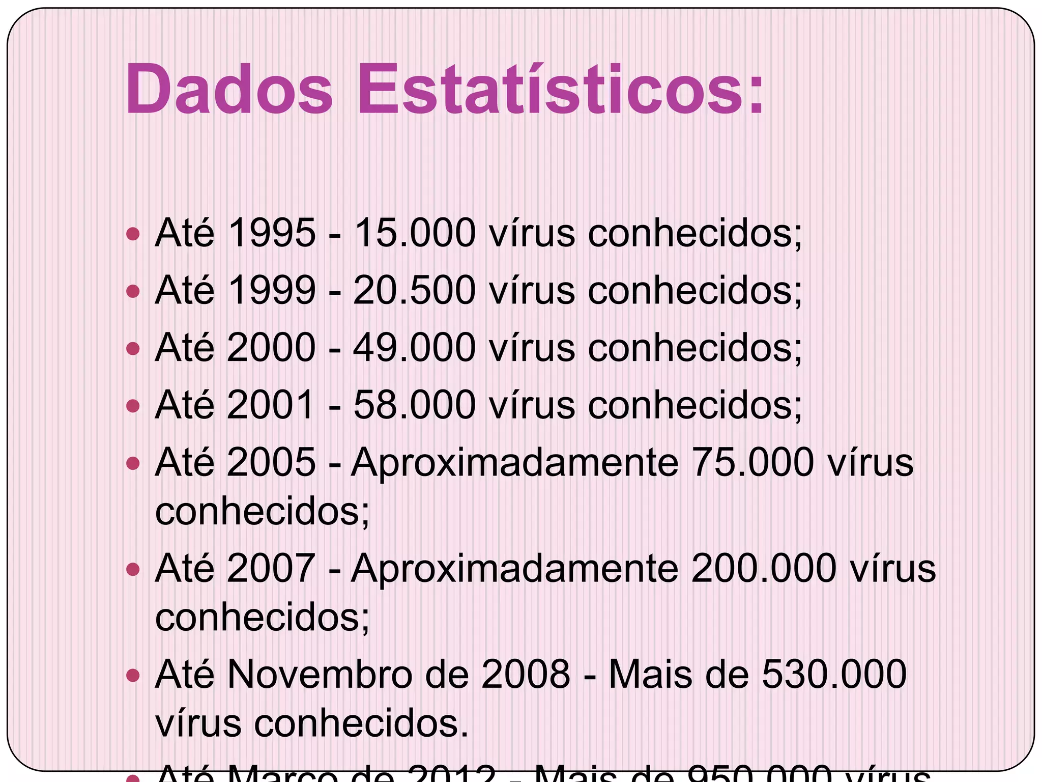 Dados Estatísticos:
 Até 1995 - 15.000 vírus conhecidos;
 Até 1999 - 20.500 vírus conhecidos;
 Até 2000 - 49.000 vírus conhecidos;
 Até 2001 - 58.000 vírus conhecidos;
 Até 2005 - Aproximadamente 75.000 vírus
  conhecidos;
 Até 2007 - Aproximadamente 200.000 vírus
  conhecidos;
 Até Novembro de 2008 - Mais de 530.000
  vírus conhecidos.
 