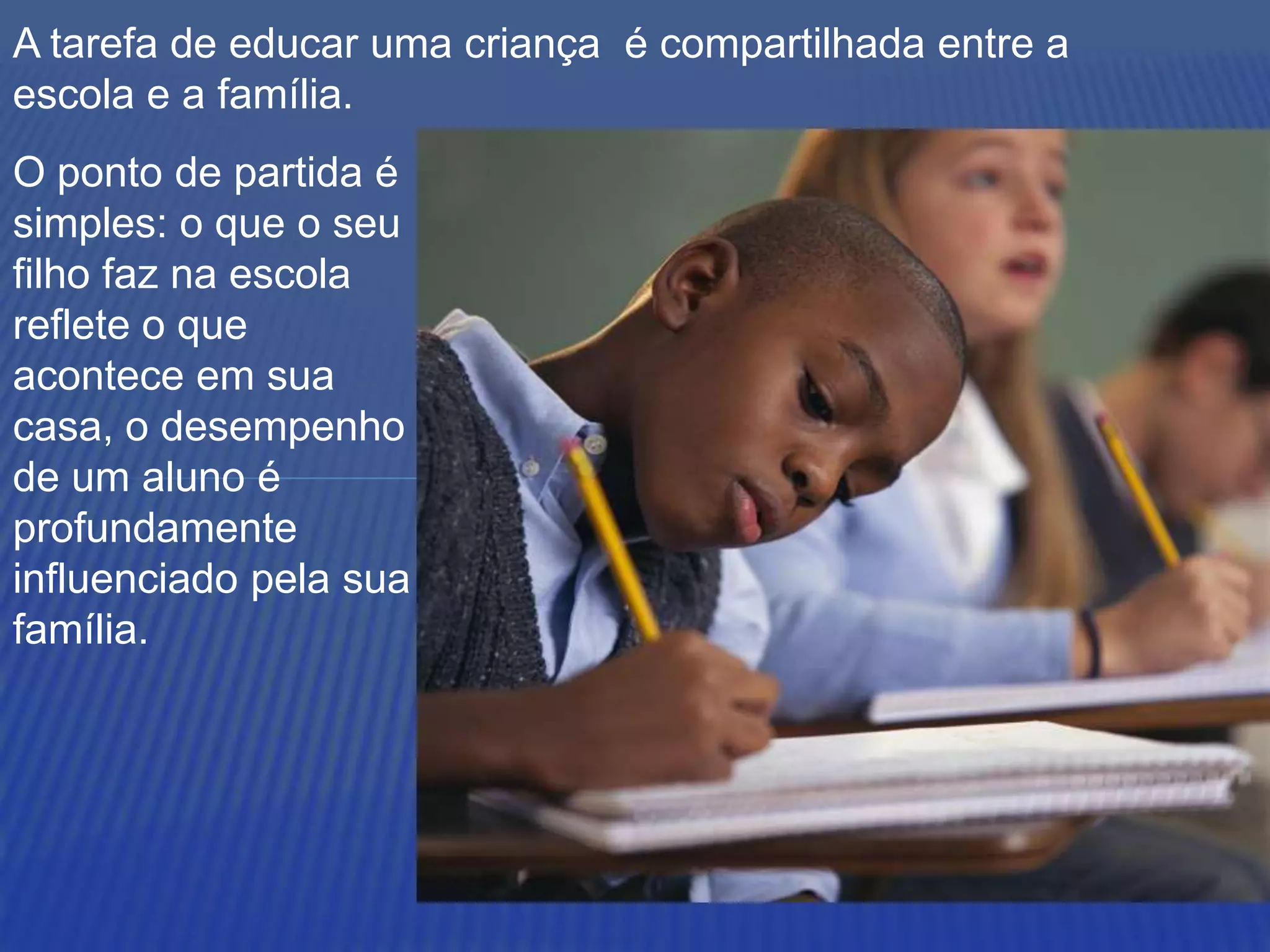 A tarefa de educar uma criança é compartilhada entre a
escola e a família.
O ponto de partida é
simples: o que o seu
filho faz na escola
reflete o que
acontece em sua
casa, o desempenho
de um aluno é
profundamente
influenciado pela sua
família.
 
