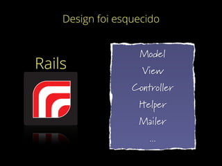 Design foi esquecido
Rails
Model
View
Controller
Helper
Mailer
...
 