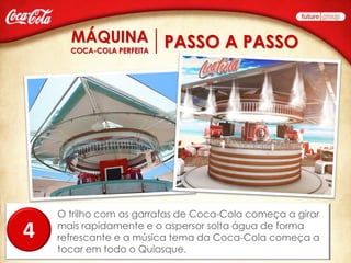 PASSO A PASSO




    O trilho com as garrafas de Coca-Cola começa a girar
    mais rapidamente e o aspersor solta água de forma
4   refrescante e a música tema da Coca-Cola começa a
    tocar em todo o Quiosque.
 
