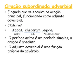Oração subordinada adverbial
• É aquela que se encaixa na oração
principal, funcionando como adjunto
adverbial.
• Observe:
•
Todos chegaram agora.
Sujeito

V. I.

Adj. adv. de lugar

• O período acima é um período simples, a
oração é absoluta.
• O adjunto adverbial é uma função
própria do advérbio.

 
