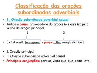 Classificação das orações
subordinadas adverbiais
• 1. Oração subordinada adverbial causal
• Indica a causa provocadora do processo expresso pelo
verbo da oração principal.
1
2

• Ex.: A sessão foi suspensa / porque faltou energia elétrica.
• 1. Oração principal
• 2. Oração subordinada adverbial causal
• Principais conjunções: porque, visto que, que, como, etc.

 