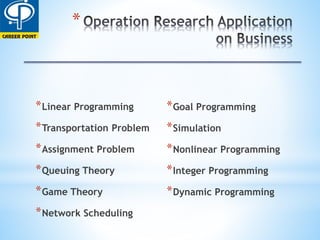 *
*Linear Programming
*Transportation Problem
*Assignment Problem
*Queuing Theory
*Game Theory
*Network Scheduling
*Goal Programming
*Simulation
*Nonlinear Programming
*Integer Programming
*Dynamic Programming
 
