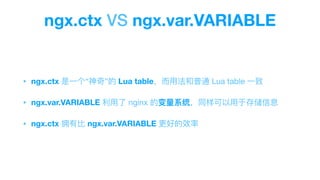 ngx.ctx VS ngx.var.VARIABLE
? ngx.ctx ?һ桱 Lua table??÷ͨ Lua table ?һ

? ngx.var.VARIABLE ? nginx ıϵͳͬ?ڴ洢Ϣ

? ngx.ctx ӵ? ngx.var.VARIABLE õЧ
 