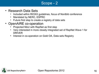 Scope - 2
• Research Data Sets
   • Included within RIOXX guidelines, focus of Nordbib conference
   • Mandated by NERC, E...