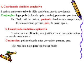 4. Coordenada sindética conclusiva Exprime uma  conclusão  da idéia contida na oração coordenada. Conjunções :  logo ,  pois  (colocada após o verbo) , portanto ,  por isso . Ex.: Tudo está em ordem,  portanto  não devemos nos preocupar. Ele está confuso, precisa,  pois , de nosso apoio. 5. Coordenada sindética explicativa Exprime uma  explicação , uma justificativa ao que está contido na oração coordenada. Conjunções:   pois  (colocada antes do verbo),  porque ,  que. Ex.: Não saia hoje,  pois  vai chover muito 