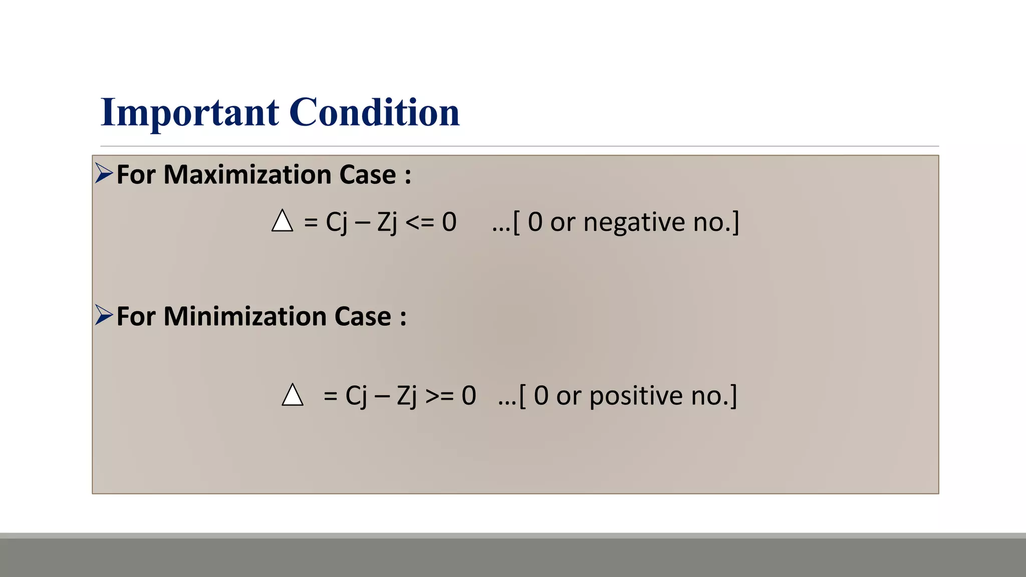 Important Condition
For Maximization Case :
= Cj – Zj <= 0 …[ 0 or negative no.]
For Minimization Case :
= Cj – Zj >= 0 …[ 0 or positive no.]
 