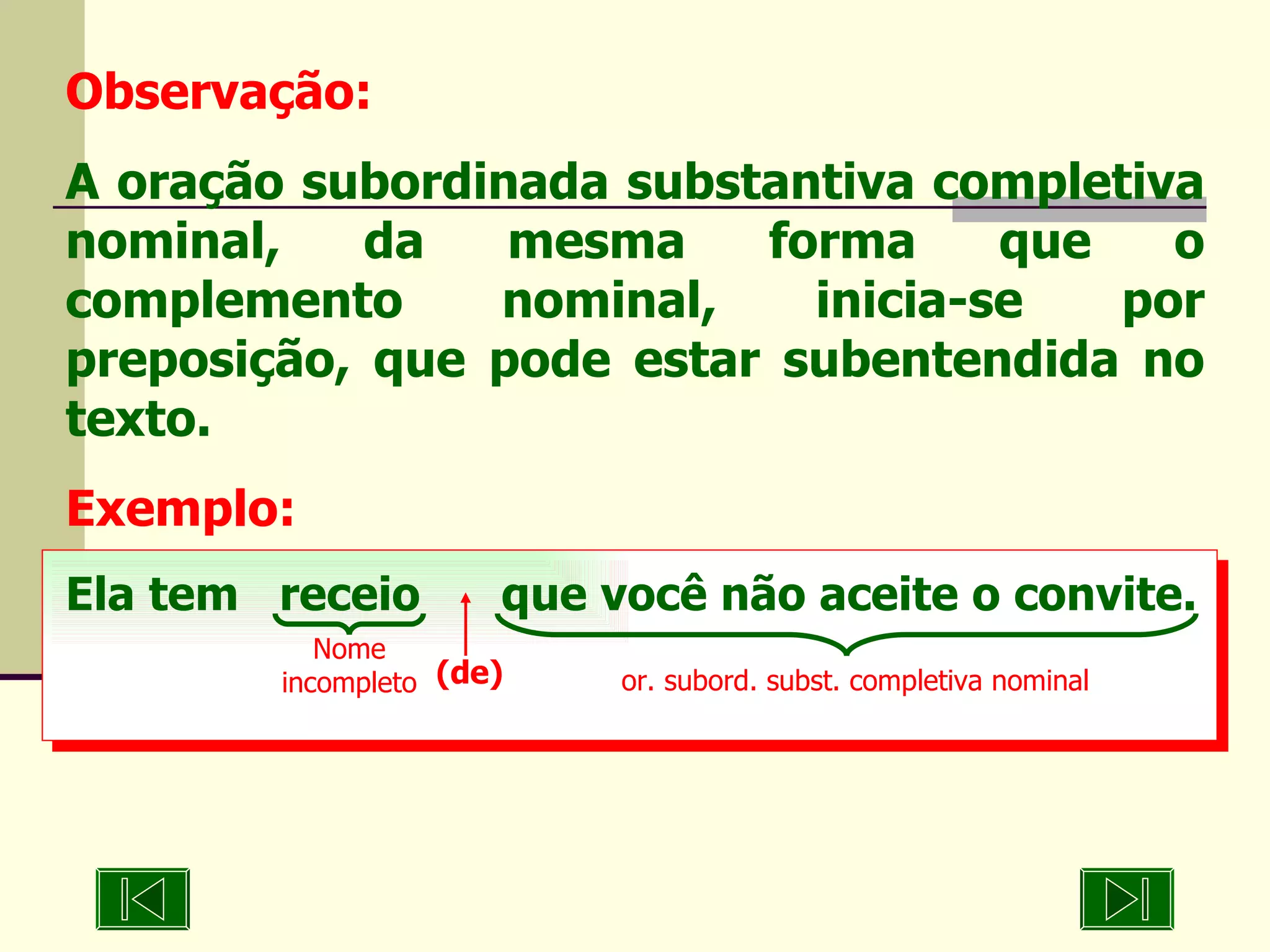 Observação: A oração subordinada substantiva completiva nominal, da mesma forma que o complemento nominal, inicia-se por preposição, que pode estar subentendida no texto. Exemplo: Ela tem  receio  que você não aceite o convite. Nome incompleto or. subord. subst. completiva nominal (de) 