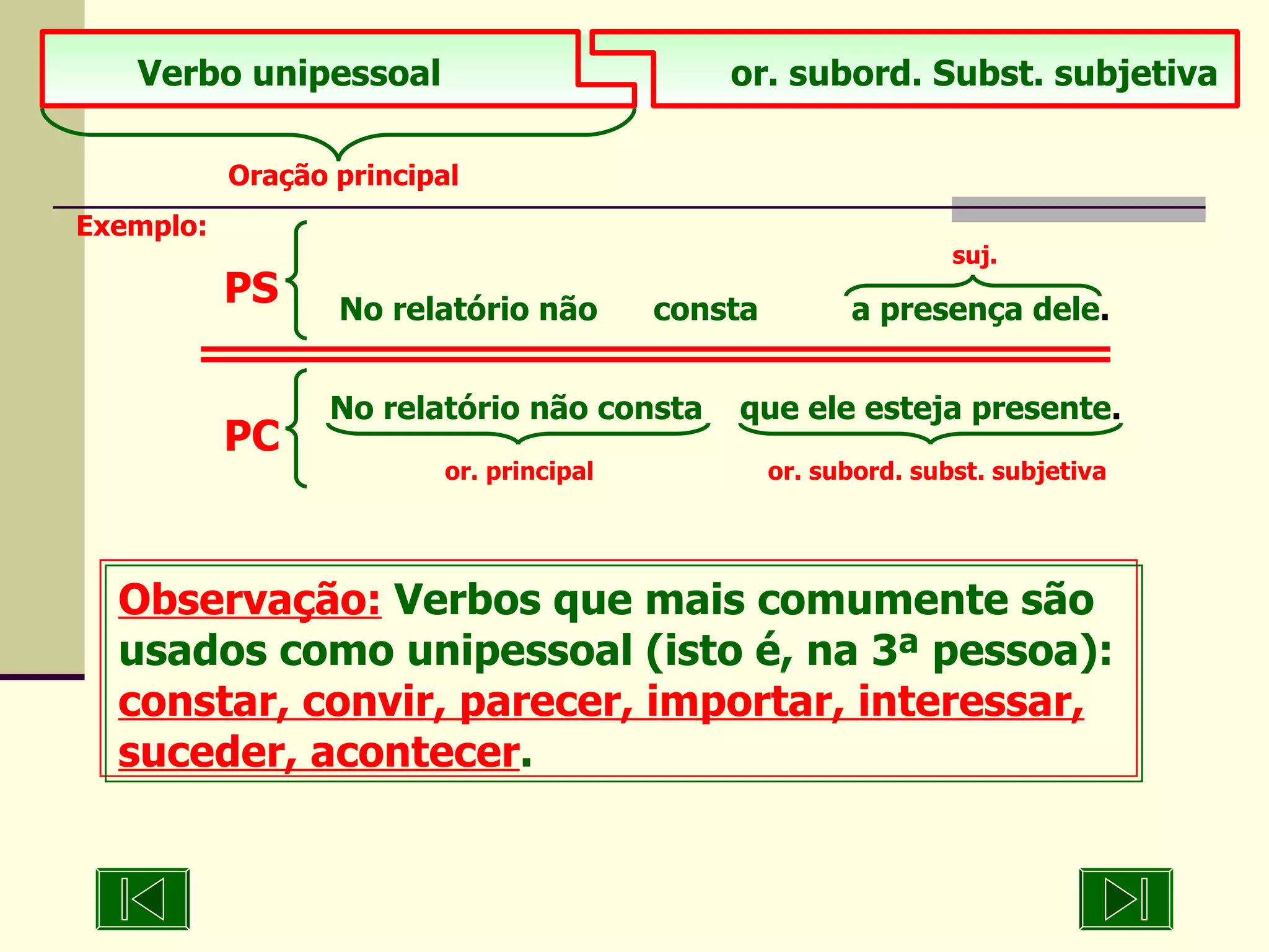 Observação:   Verbos que mais comumente são usados como unipessoal (isto é, na 3ª pessoa):  constar, convir, parecer, importar, interessar, suceder, acontecer . Verbo unipessoal   or. subord. Subst. subjetiva Oração principal Exemplo:     suj. No relatório não  consta  a presença dele . PS No relatório não consta  que ele esteja presente .   or. principal    or. subord. subst. subjetiva PC 