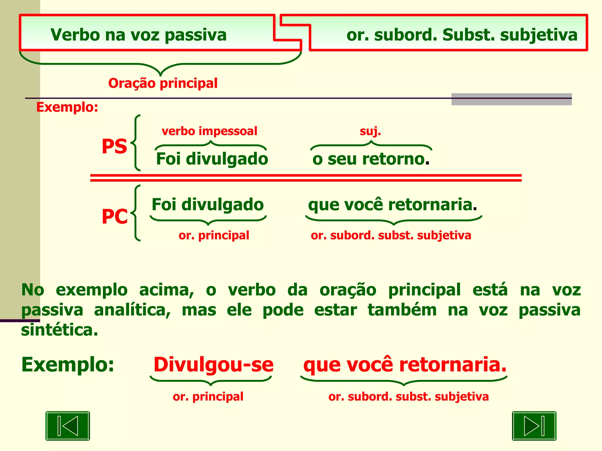 No exemplo acima, o verbo da oração principal está na voz passiva analítica, mas ele pode estar também na voz passiva sintética. Exemplo:   Divulgou-se  que você retornaria. or. principal or. subord. subst. subjetiva Verbo na voz passiva   or. subord. Subst. subjetiva Oração principal Exemplo: verbo impessoal  suj. Foi divulgado  o seu retorno . PS Foi divulgado  que você retornaria .   or. principal  or. subord. subst. subjetiva PC 