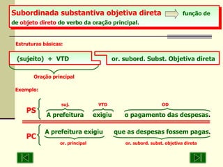 Subordinada substantiva objetiva direta   função de de  objeto direto  do verbo da oração principal.   Estruturas básicas: Oração principal (sujeito)  +  VTD   or. subord. Subst. Objetiva direta Exemplo: suj.    VTD   OD A prefeitura  exigiu  o pagamento das despesas . PS A prefeitura exigiu  que as despesas fossem pagas .   or. principal  or. subord. subst. objetiva direta PC 