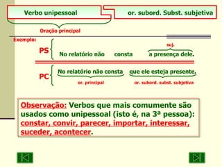 Observação:   Verbos que mais comumente são usados como unipessoal (isto é, na 3ª pessoa):  constar, convir, parecer, importar, interessar, suceder, acontecer . Verbo unipessoal   or. subord. Subst. subjetiva Oração principal Exemplo:     suj. No relatório não  consta  a presença dele . PS No relatório não consta  que ele esteja presente .   or. principal    or. subord. subst. subjetiva PC 