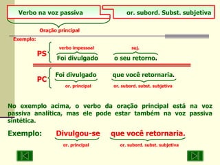 No exemplo acima, o verbo da oração principal está na voz passiva analítica, mas ele pode estar também na voz passiva sintética. Exemplo:   Divulgou-se  que você retornaria. or. principal or. subord. subst. subjetiva Verbo na voz passiva   or. subord. Subst. subjetiva Oração principal Exemplo: verbo impessoal  suj. Foi divulgado  o seu retorno . PS Foi divulgado  que você retornaria .   or. principal  or. subord. subst. subjetiva PC 