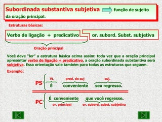 Você deve “ler” a estrutura básica acima assim: toda vez que a oração principal apresentar  verbo de ligação + predicativo , a oração subordinada substantiva será  subjetiva . Essa orientação vale também para todas as estruturas que seguem. Exemplo: Subordinada substantiva subjetiva   função de sujeito da oração principal.   Estruturas básicas: Verbo de ligação  +  predicativo  or. subord. Subst. subjetiva Oração principal VL  pred. do suj  suj. É  conveniente  seu regresso . PS É  conveniente  que você regresse . or. principal  or. subord. subst. subjetiva PC 