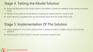  Before the application of the model solution, the validity of model and reliability of the solution should be
tested
 Validity of the model can be decided by comparing its outputs with the results of past
 If past behavior is repeated when provided similar inputs then the model will be valid
Stage 4. Testing the Model Solution
 Implementation of the solution obtained from a validated model is a reliable solution to the real-life
problems
 Implementation of the solution is the duty of operation research team
Stage 5. Implementation Of The Solution
 