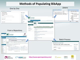 Methods of Populating BibApp Zotero One by One From a Repository Batch Process http://www.openrepository.com/ 