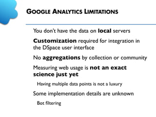 GOOGLE ANALYTICS LIMITATIONS
You don’t have the data on local servers
Customization required for integration in
the DSpace user interface
No aggregations by collection or community
Measuring web usage is not an exact
science just yet
Having multiple data points is not a luxury
Some implementation details are unknown
Bot ﬁltering
 