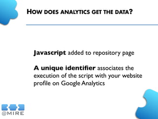 HOW DOES ANALYTICS GET THE DATA?
Javascript added to repository page
A unique identiﬁer associates the
execution of the script with your website
proﬁle on Google Analytics
 