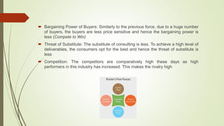 Bargaining Power of Buyers: Similarly to the previous force, due to a huge number
of buyers, the buyers are less price sensitive and hence the bargaining power is
less (Compete to Win)
 Threat of Substitute: The substitute of consulting is less. To achieve a high level of
deliverables, the consumers opt for the best and hence the threat of substitute is
less
 Competition: The competitors are comparatively high these days as high
performers in this industry has increased. This makes the rivalry high
 