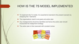 HOW IS THE 7S MODEL IMPLEMENTED
 To implement the 7s model, it is essential to brainstorm the present scenario by
analysing the 7 elements
 The organisations need to set goals and action plan
 Any misalignments should be identified and hence the action plan should
incorporate the realignment strategy
 The action plan is then executed with constant review
 