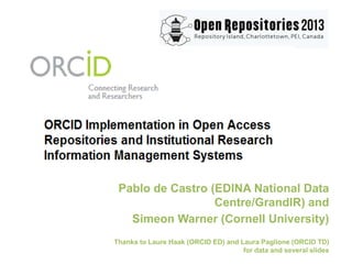 Pablo de Castro (EDINA National Data
Centre/GrandIR) and
Simeon Warner (Cornell University)
Thanks to Laure Haak (ORCID ED) and Laura Paglione (ORCID TD)
for data and several slides
 