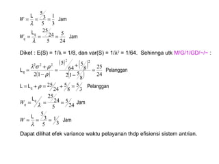 Jam
L
Jam
L
q
24
5
5
24
25
3
1
5
3
5
===
===
λ
λ
qW
W
Diket : E(S) = 1/λ = 1/8, dan var(S) = 1/λ2
= 1/64. Sehinnga utk M/G/1/GD/~/~ :
( )
( ) ( )
( )
Jam
L
Jam
L
PelangganLL
PelangganL
q
q
q
3
1
5
3
5
24
5
5
24
25
3
5
8
5
24
25
24
25
8
512
8
5
64
5
12
22
222
===
===
=+=+=
=
−
+
=
−
+
=
λ
λ
ρ
ρ
ρσλ
W
Wq
Dapat dilihat efek variance waktu pelayanan thdp efisiensi sistem antrian.
 