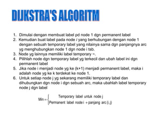 1. Dimulai dengan membuat label pd node 1 dgn permanent label
2. Kemudian buat label pada node i yang berhubungan dengan node 1
dengan sebuah temporary label yang nilainya sama dgn panjangnya arc
yg menghubungkan node 1 dgn node i tsb.
3. Node yg lainnya memiliki label temporary ~.
4. Pilihlah node dgn temporary label yg terkecil dan ubah label ini dgn
permanent label
5. Jika node i menjadi node yg ke (k+1) menjadi permanent label, maka i
adalah node yg ke k terdekat ke node 1.
6. Untuk setiap node j yg sekarang memiliki temporary label dan
dihubungkan dgn node i dgn sebuah arc, maka ubahlah label temporary
node j dgn label



+
=
j)(i,arcpanjanginodelabelPermanent
jnodeuntuklabelTemporary
Min
 