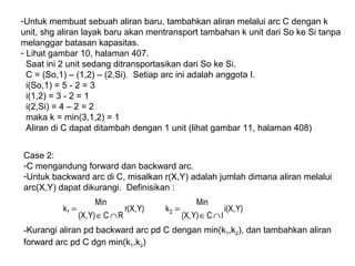 -Untuk membuat sebuah aliran baru, tambahkan aliran melalui arc C dengan k
unit, shg aliran layak baru akan mentransport tambahan k unit dari So ke Si tanpa
melanggar batasan kapasitas.
- Lihat gambar 10, halaman 407.
Saat ini 2 unit sedang ditransportasikan dari So ke Si.
C = (So,1) – (1,2) – (2,Si). Setiap arc ini adalah anggota I.
i(So,1) = 5 - 2 = 3
i(1,2) = 3 - 2 = 1
i(2,Si) = 4 – 2 = 2
maka k = min(3,1,2) = 1
Aliran di C dapat ditambah dengan 1 unit (lihat gambar 11, halaman 408)
Case 2:
-C mengandung forward dan backward arc.
-Untuk backward arc di C, misalkan r(X,Y) adalah jumlah dimana aliran melalui
arc(X,Y) dapat dikurangi. Definisikan :
-Kurangi aliran pd backward arc pd C dengan min(k1,k2), dan tambahkan aliran
forward arc pd C dgn min(k1,k2)
Y)r(X,
RCY)(X,
Min
k1
∩∈
= Y)i(X,
ICY)(X,
Min
k2
∩∈
=
 