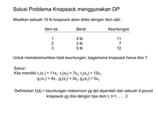Solusi Problema Knapsack menggunakan DP
Misalkan sebuah 10 lb knapsack akan didisi dengan item sbb :
Item ke Berat Keuntungan
1 4 lb 11
2 3 lb 7
3 5 lb 12
Untuk memaksimumkan total keuntungan, bagaimana knapsack harus diisi ?
Solusi :
Kita memiliki r1(x1) = 11x1, r2(x2) = 7x2; r3(x3) = 12x3
g1(x1) = 4x1, g2(x2) = 3x2, g3(x3) = 5x3
Definisikan ft(d) = keuntungan maksimum yg dpt diperoleh dari sebuah d pound
knapsack yg diisi dengan tipe item t, t+1, . . . 3
 