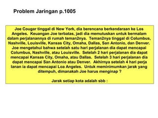 Problem Jaringan p.1005
Joe Cougar tinggal di New York, dia berencana berkendaraan ke Los
Angeles. Keuangan Joe terbatas, jadi dia memutuskan untuk bermalam
dalam perjalanannya di rumah teman2nya. Teman2nya tinggal di Columbus,
Nashville, Louisville, Kansas City, Omaha, Dallas, San Antonio, dan Denver.
Joe mengetahui bahwa setelah satu hari perjalanan dia dapat mencapai
Columbus, Nashville, atau Louisville. Setelah 2 hari perjalanan dia dapat
mencapai Kansas City, Omaha, atau Dallas. Setelah 3 hari perjalanan dia
dapat mencapai San Antonio atau Denver. Akhirnya setelah 4 hari perja
lanan ia dapat mencapai Loa Angeles. Untuk meminimumkan jarak yang
ditempuh, dimanakah Joe harus menginap ?
Jarak setiap kota adalah sbb :
 