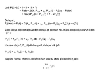 Jadi Pij(t+Δt) = I + II + III + IV
= Pij(t) + Δt(λj-1Pi,,j-1 + µj+1Pi,j+1(t) – Pij(t)µj – Pij(t)λj)
+ o(Δt)(Pi,j-1(t) + Pi,j+1(t) + 1 – 2Pij(t))
Didapat ;
Pij(t+Δt) – Pij(t) = Δt(λj-1 Pi,j-1(t) + µj+1 Pi,j+1(t) – Pij(t)µj – Pij(t)λj) + o(Δt)
Bagi kedua sisi dengan Δt dan dekati Δt dengan nol, maka didpt utk seluruh i dan
j ≥ 1 ;
P’ij(t) = λj-1 Pi,j-1(t) + µj+1 Pi,j+1(t) – Pij(t)µj – Pij(t)λj
Karena utk j=0, Pi,j-1(t)=0 dan μj=0, didapat utk j=0
P’i,0(t) = µ1 Pi,1(t) – λ0 Pi,0(t)
Seperti Rantai Markov, didefinisikan steady-state probabiliti πj sbb;
)(
lim
tP
t
ij
∞→
 