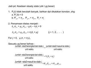 Jadi pd. Keadaan steady state (utk t yg besar)
1. Pij(t) tidak berubah banyak, bahkan dpt dikatakan konstan, shg:
a. Pij’(t) = 0
b. Pi,j-1 = πj-1, Pi,j+1 = πj+1, Pij = πj
2. Persamaan diatas menjadi :
λj-1πj-1 + µj+1πj+1 - µjπj – πjλj = 0
λj-1πj-1 + µj+1πj+1 = πj(λj + µj) (j = 1, 2, . . . )
For j = 0, μ1π1 = π0λ0
Sesuatu yg benar bahwa :
unit waktu
jstatekemasukrata2jumlah
unit waktu
jstatedariberangkatrata2Jumlah
=
)μ(λπ
unit waktu
jstatedariberangkatrata2Jumlah
jjj +=
111 ++− += jjj µπλπ 1-j
unit waktu
jstatekemasukrata2Jumlah
 