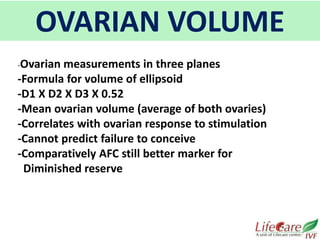 OVARIAN VOLUME
-Ovarian measurements in three planes
-Formula for volume of ellipsoid
-D1 X D2 X D3 X 0.52
-Mean ovarian volume (average of both ovaries)
-Correlates with ovarian response to stimulation
-Cannot predict failure to conceive
-Comparatively AFC still better marker for
Diminished reserve
 