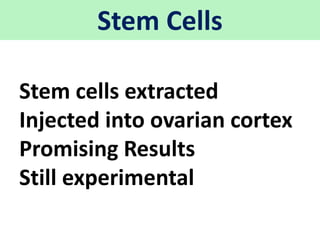 Stem Cells
Stem cells extracted
Injected into ovarian cortex
Promising Results
Still experimental
 