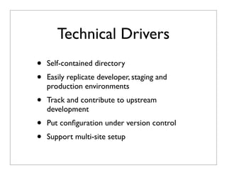 Technical Drivers
• Self-contained directory
• Easily replicate developer, staging and
production environments
• Track and contribute to upstream
development
• Put conﬁguration under version control
• Support multi-site setup
 
