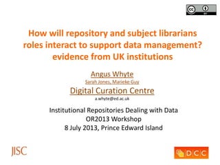 How will repository and subject librarians
roles interact to support data management?
evidence from UK institutions
Angus Whyte
Sarah Jones, Marieke Guy
Digital Curation Centre
a.whyte@ed.ac.uk
Institutional Repositories Dealing with Data
OR2013 Workshop
8 July 2013, Prince Edward Island
 