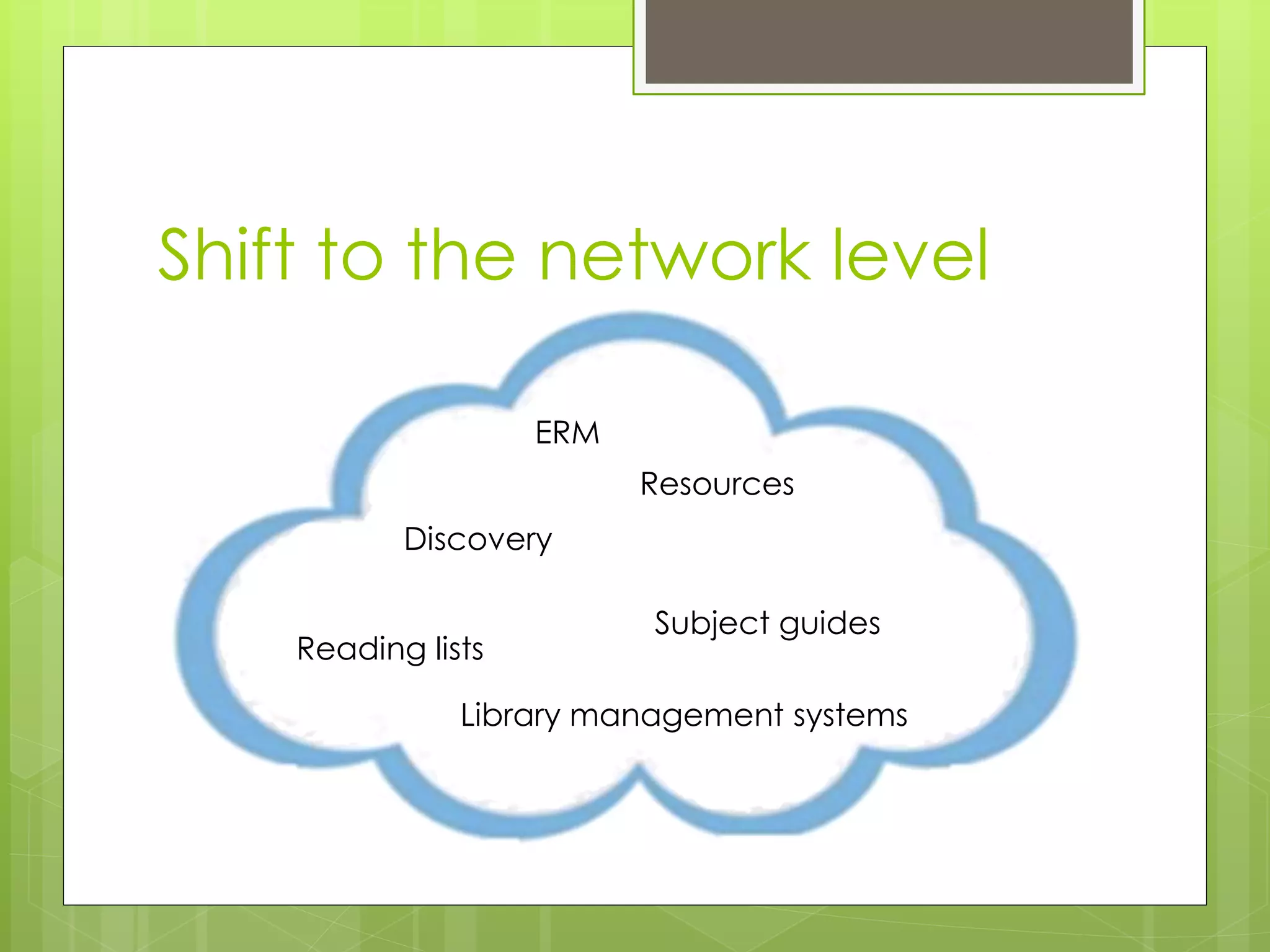 Shift to the network level
Resources
Discovery
Library management systems
Subject guides
Reading lists
ERM
 
