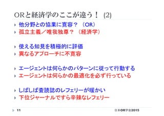 ORと経済学のここが違う！ (2)
日本OR学会201511
}  他分野との協業に寛容？　（OR）
}  孤立主義／唯我独尊？　（経済学）
}  使える知見を積極的に評価
}  異なるアプローチに不寛容
}  エージェントは何らかのパターンに従って行動する
}  エージェントは何らかの最適化を必ず行っている
}  しばしば査読誌のレフェリーが暖かい
}  下位ジャーナルですら辛辣なレフェリー
 