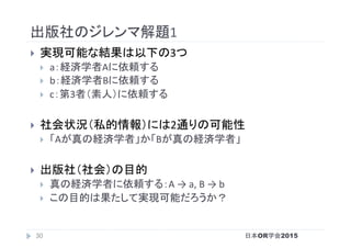 出版社のジレンマ解題1	
}  実現可能な結果は以下の3つ	
}  a：経済学者Aに依頼する	
}  b：経済学者Bに依頼する	
}  c：第3者（素人）に依頼する	
}  社会状況（私的情報）には2通りの可能性	
}  「Aが真の経済学者」か「Bが真の経済学者」	
}  出版社（社会）の目的	
}  真の経済学者に依頼する：A	→	a,	B	→	b	
}  この目的は果たして実現可能だろうか？	
日本OR学会201530
 