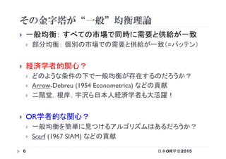 その金字塔が“一般”均衡理論
日本OR学会20156
}  一般均衡： すべての市場で同時に需要と供給が一致
}  部分均衡： 個別の市場での需要と供給が一致（=バッテン）
}  経済学者的関心？
}  どのような条件の下で一般均衡が存在するのだろうか？
}  Arrow-Debreu (1954 Econometrica) などの貢献
}  二階堂，根岸，宇沢ら日本人経済学者も大活躍！
}  OR学者的な関心？
}  一般均衡を簡単に見つけるアルゴリズムはあるだろうか？
}  Scarf (1967 SIAM) などの貢献
 