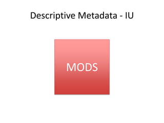 Fedora 4 options for descriptive
metadata: Option 1
• Migration tools
– migration-utils
– fedora-migrate gem
Neither reall...