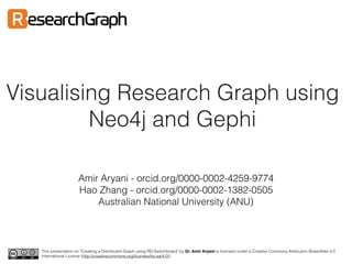 Visualising Research Graph using
Neo4j and Gephi
Amir Aryani - orcid.org/0000-0002-4259-9774
Hao Zhang - orcid.org/0000-0002-1382-0505
Australian National University (ANU)
This presentation on "Creating a Distributed Graph using RD-Switchboard" by Dr. Amir Aryani is licensed under a Creative Commons Attribution-ShareAlike 4.0
International License (http://creativecommons.org/licenses/by-sa/4.0/).
 