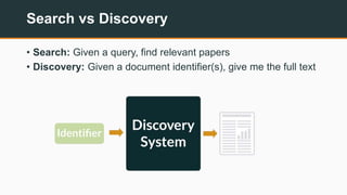 Search vs Discovery
• Search: Given a query, find relevant papers
• Discovery: Given a document identifier(s), give me the...