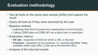 Evaluation methodology
• Test all tools on the same data sample (DOIs) and capture the
result
• Query all tools as if they...