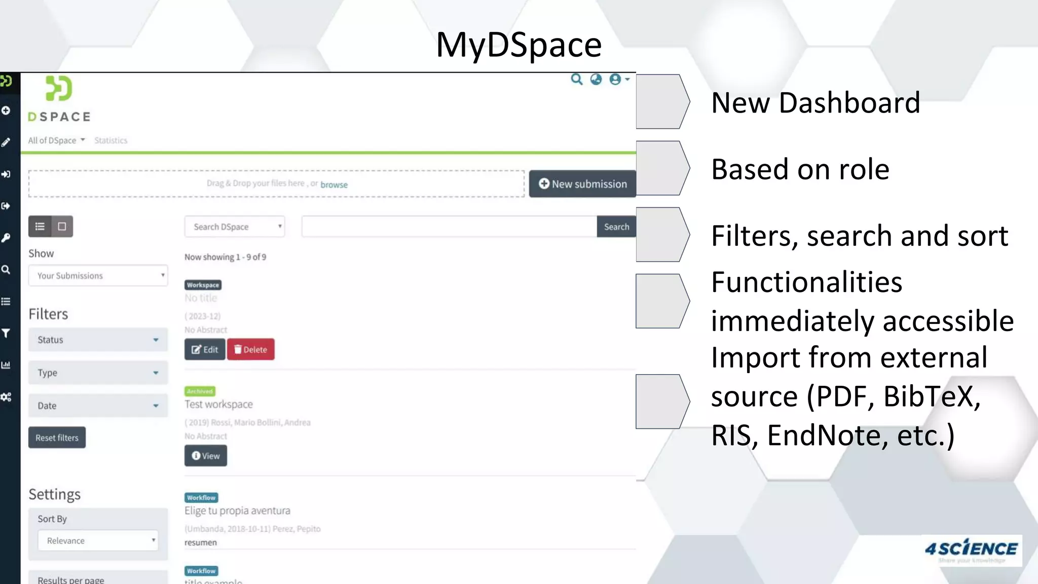 MyDSpace
New Dashboard
Based on role
Filters, search and sort
Functionalities
immediately accessible
Import from external
source (PDF, BibTeX,
RIS, EndNote, etc.)
 
