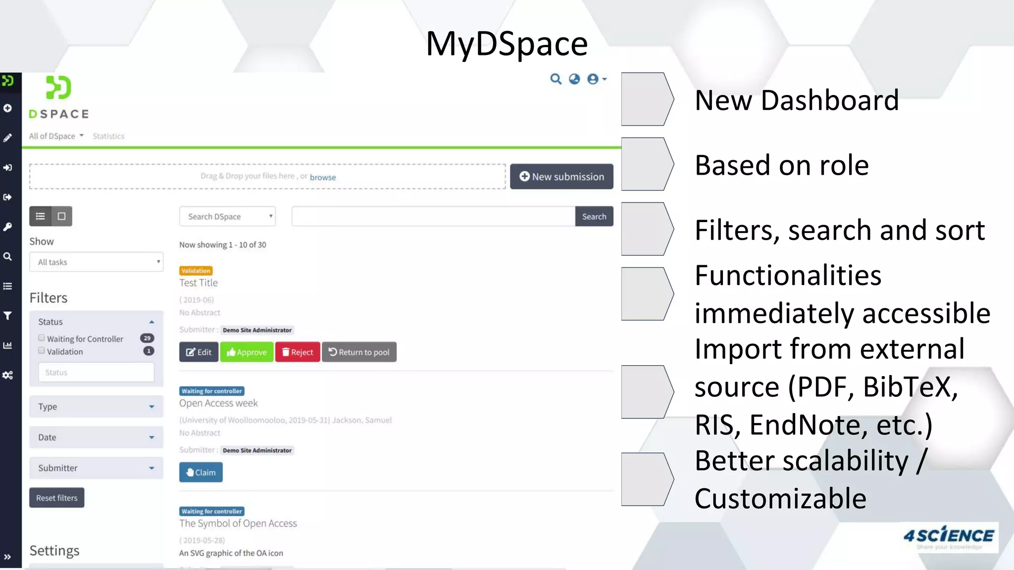 MyDSpace
New Dashboard
Based on role
Filters, search and sort
Functionalities
immediately accessible
Import from external
source (PDF, BibTeX,
RIS, EndNote, etc.)
Better scalability /
Customizable
 
