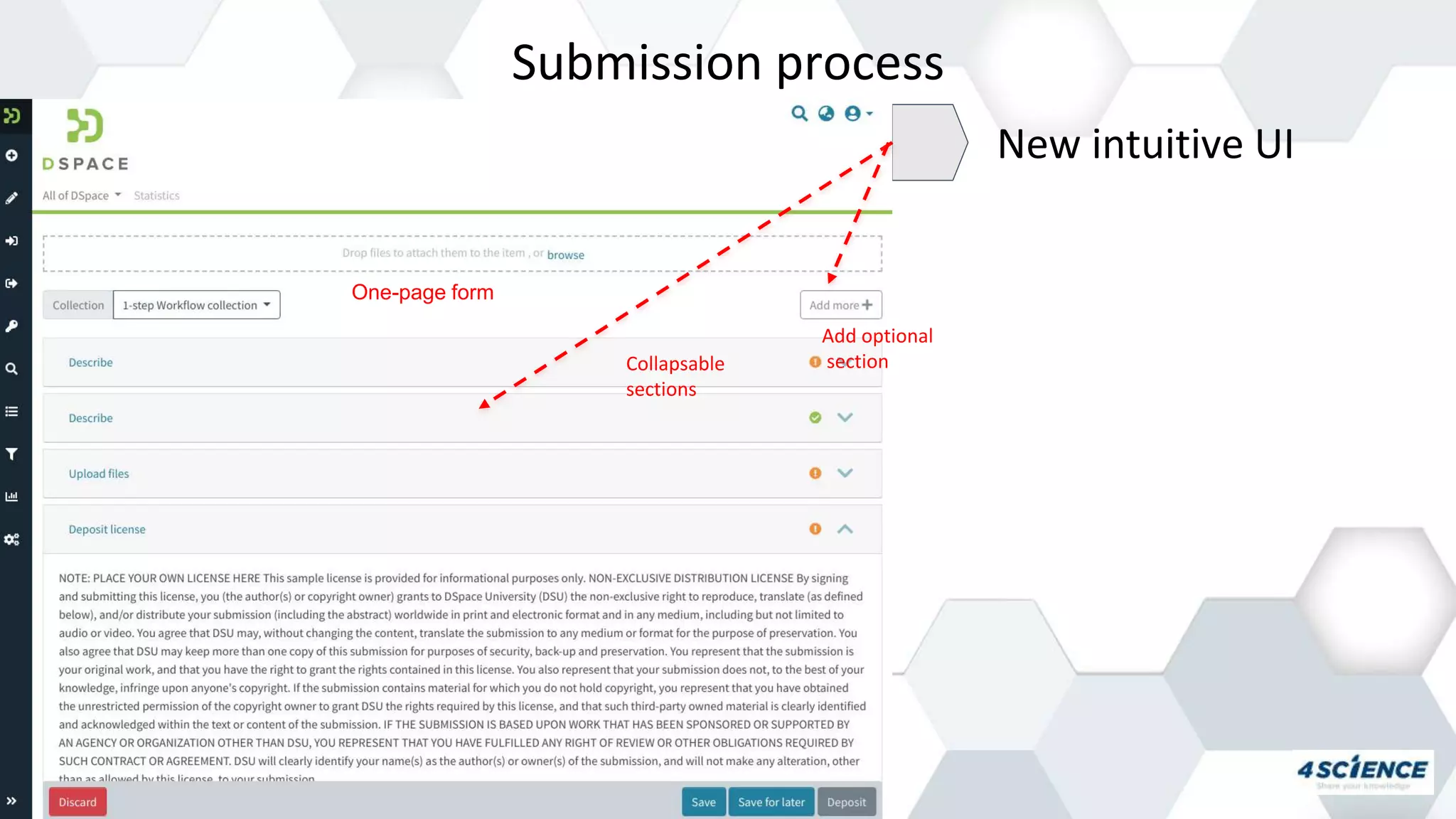 Submission process
New intuitive UI
Collapsable
sections
One-page form
Add optional
section
 
